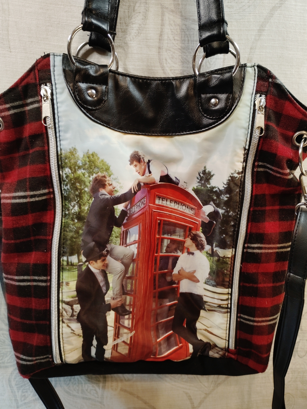 1D Red Plaid Crossbody Bag with Printed Phone Booth Panel " Take Me Home"